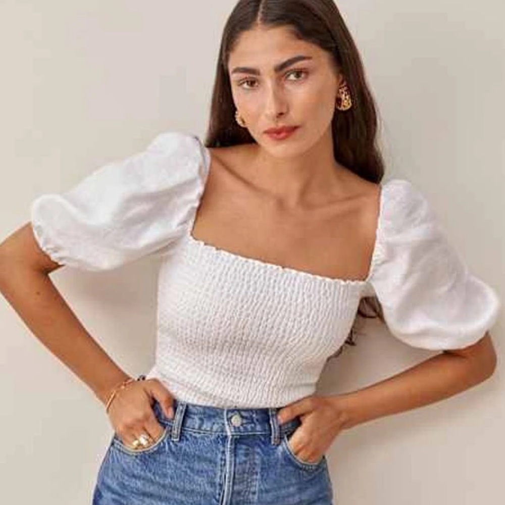 Reformation Mulberry White Puff Sleeve Blouse XS